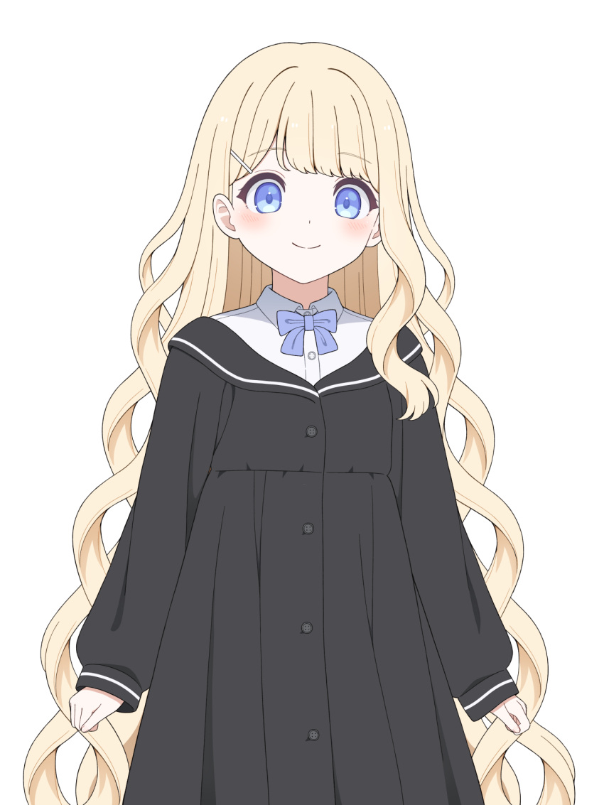 1girl, black_dress, blonde_hair, blue_bow, blue_bowtie, blue_eyes, bow, bowtie