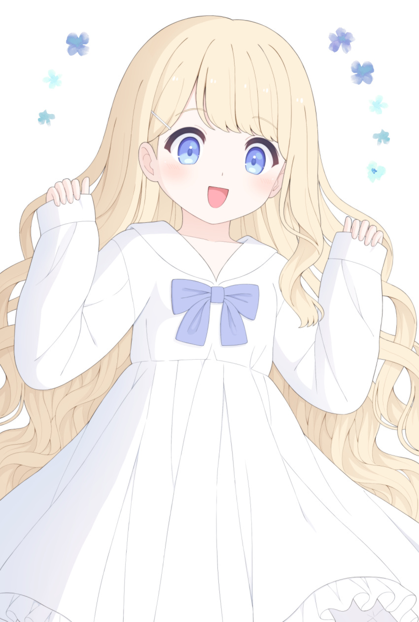 1girl, arms_up, blonde_hair, blue_bow, blue_bowtie, blue_eyes, bow, bowtie