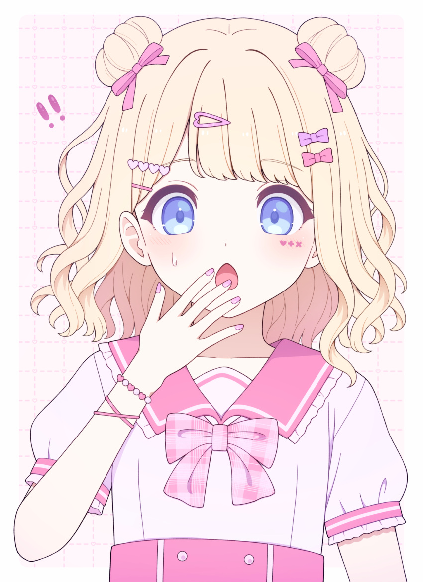 !?, 1girl, blonde_hair, blue_eyes, border, bow, bowtie, covering_own_mouth