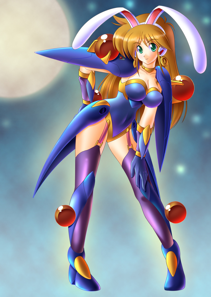 armor, boots, breasts, brown_hair, bunny_ears, choker, elbow_gloves, full_moon