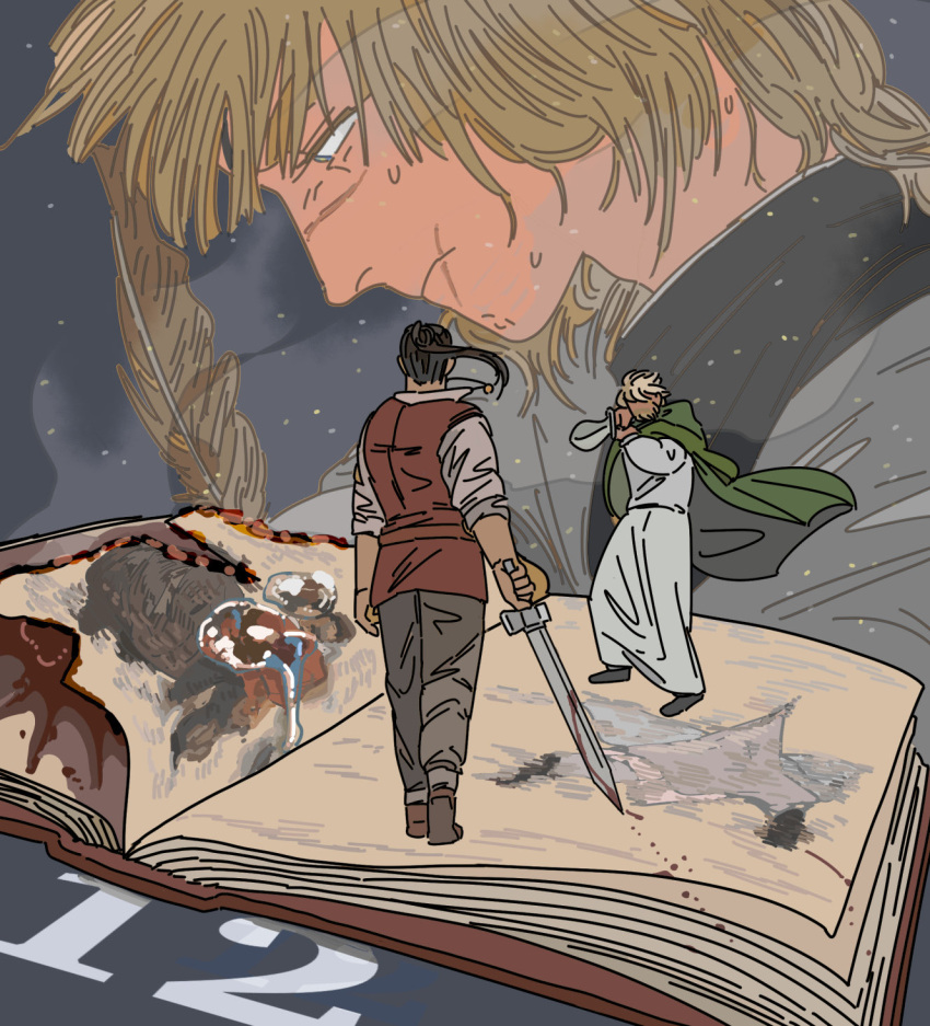 3boys, badeni, beard, black_hair, blonde_hair, book, brown_vest, chi.:_chikyuu_no_undou_ni_tsuite