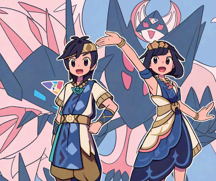 1boy, 1girl, :d, arm_up, armpits, belt, black_eyes, black_hair