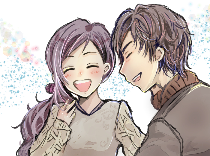 1boy, 1girl, blush, brown_hair, commentary_request, happy, junpei_(kyokugen_dasshutsu), koumu_rio, kurashiki_akane, kyokugen_dasshutsu, long_hair, long_sleeves, open_mouth, short_hair, smile, sweater, teeth, upper_teeth_only, zero_escape:_toki_no_dilemma