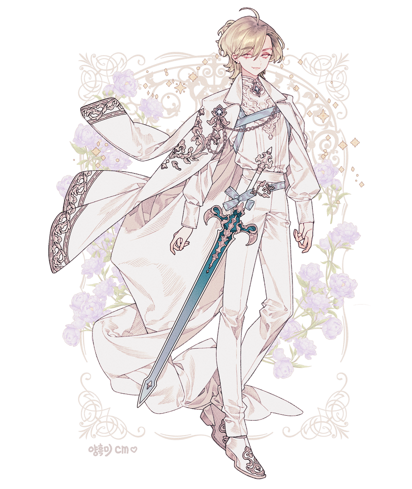 belt, blonde_hair, blue_belt, blue_sword, chain, commentary, commission, embroidery