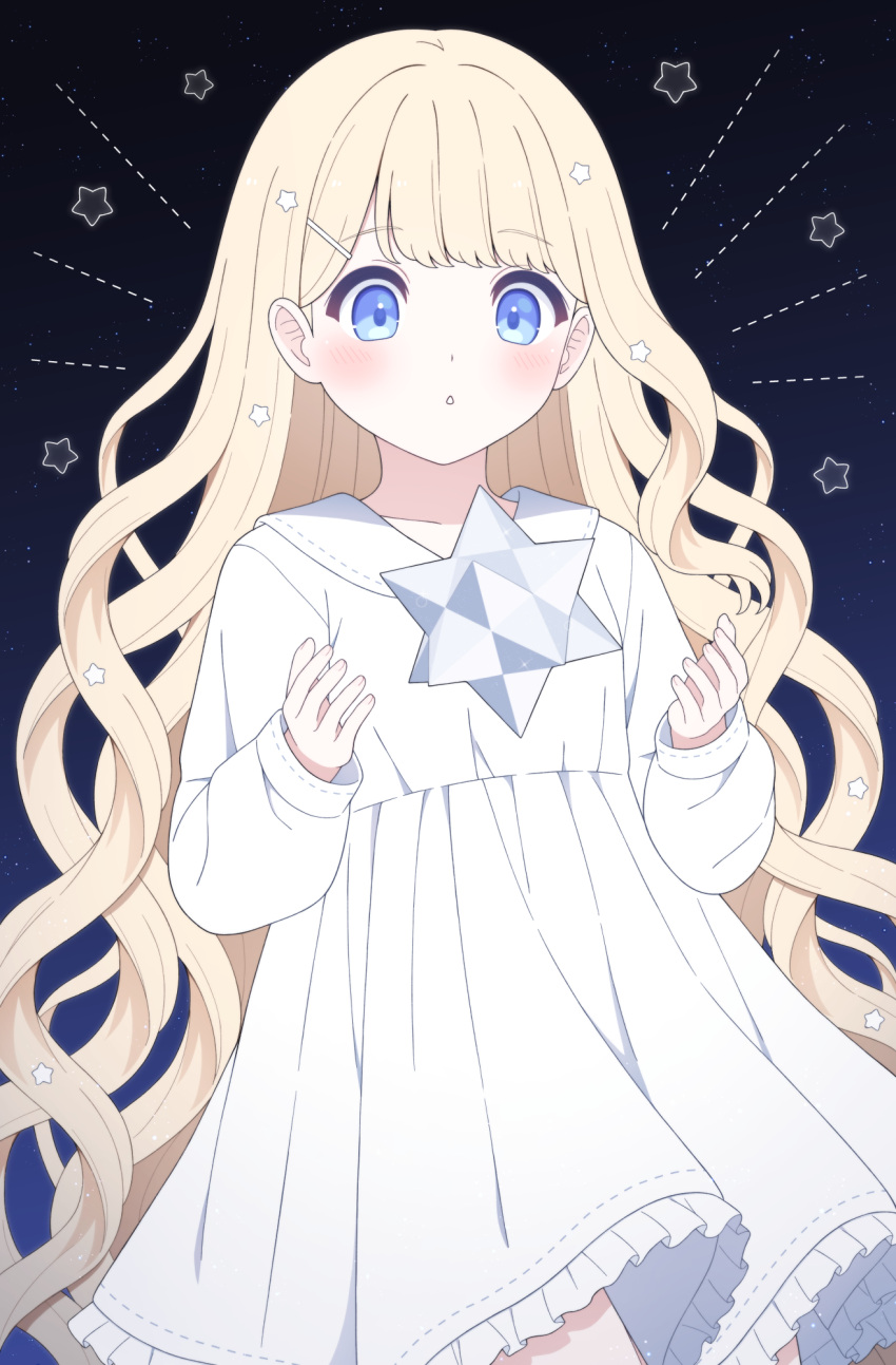 1girl, blonde_hair, blue_eyes, blush, cowboy_shot, dot_nose, dress, drill_hair