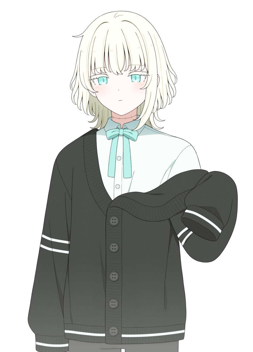 1boy, albino, aqua_bow, aqua_bowtie, aqua_eyes, bishounen, black_cardigan, blonde_hair, bow, bowtie, cardigan, closed_mouth, colored_eyelashes, cowboy_shot, highres, light_frown, long_sleeves, looking_to_the_side, male_focus, original, san_nana, scar, scar_on_neck, shirt, short_hair, simple_background, sleeves_past_fingers, sleeves_past_wrists, solo, white_background, white_shirt