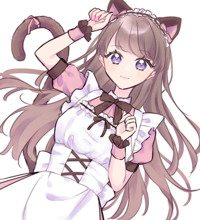 1girl, :3, absurdres, animal_ear_hairband, animal_ears, apron, brown_hair, brown_ribbon, cat_ear_hairband, cat_ears, cat_tail, clenched_hands, commentary, cowboy_shot, dress, fake_animal_ears, fake_tail, frilled_apron, frills, fujishima_megumi, fujishima_megumi_(m's_one_day), hairband, highres, link!_like!_love_live!, long_hair, love_live!, maid, maid_apron, mizuko, neck_ribbon, official_alternate_costume, paw_pose, pink_dress, puffy_short_sleeves, puffy_sleeves, ribbon, short_sleeves, simple_background, solo, tail, violet_eyes, virtual_youtuber, white_apron, white_background