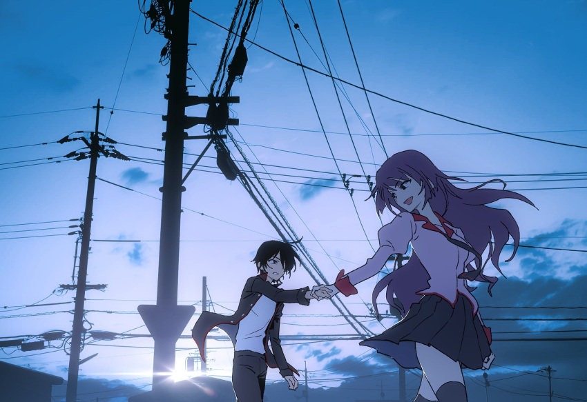 1boy, 1girl, ahoge, araragi_koyomi, black_hair, black_jacket, black_pants, black_thighhighs