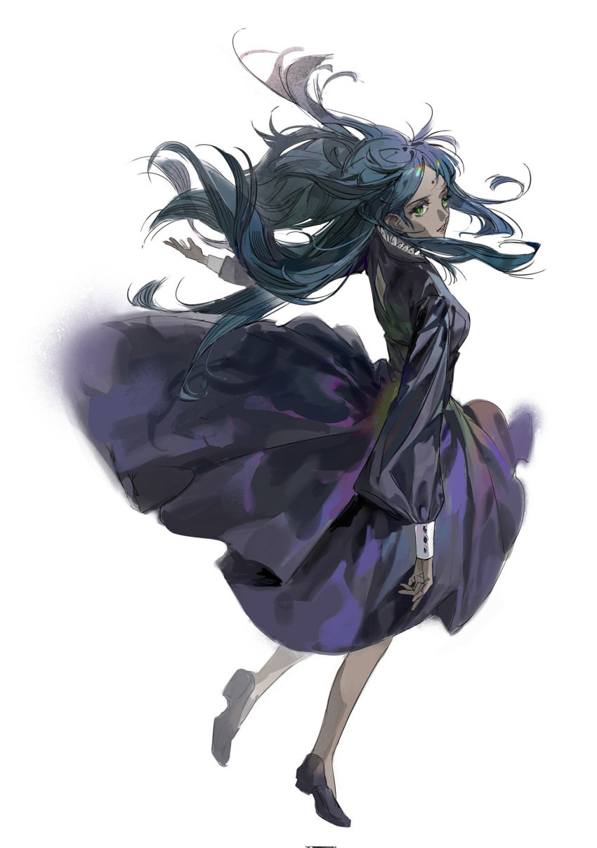 1girl, back_cutout, bindi, black_dress, black_shoes, clothing_cutout, collar, dress