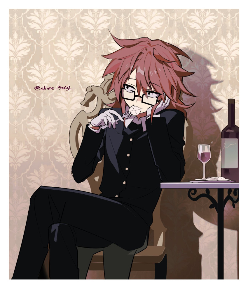 1boy, :3, alcohol, black_coat, black_eyes, bottle, brown_hair, chair