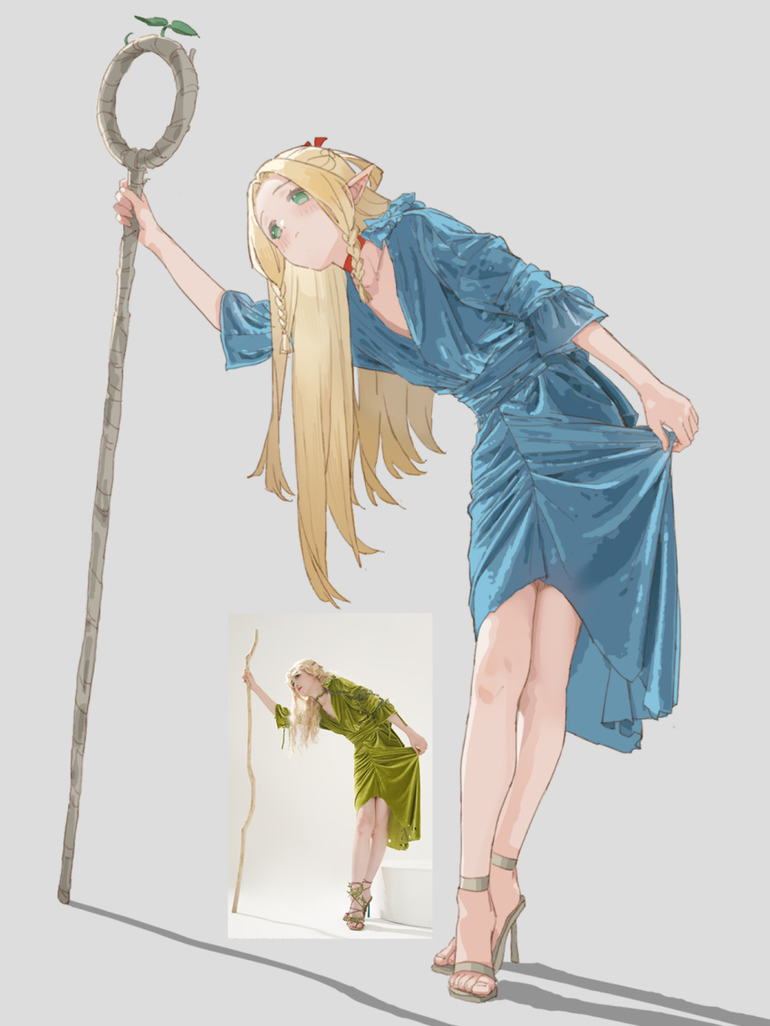 1girl, ambrosia_(dungeon_meshi), aqua_dress, blonde_hair, blush, braid, braided_sidelocks, brown_sandals