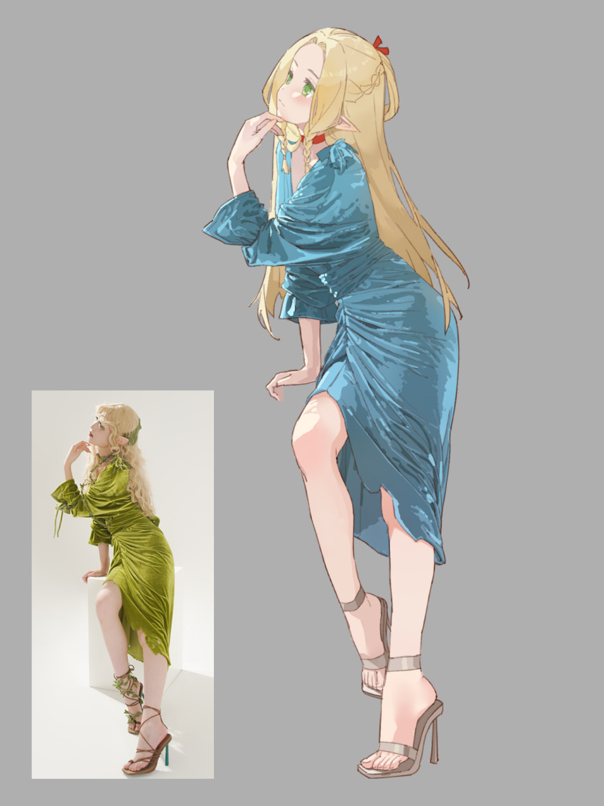 1girl, aqua_dress, arm_support, blonde_hair, blush, braid, braided_sidelocks, brown_sandals