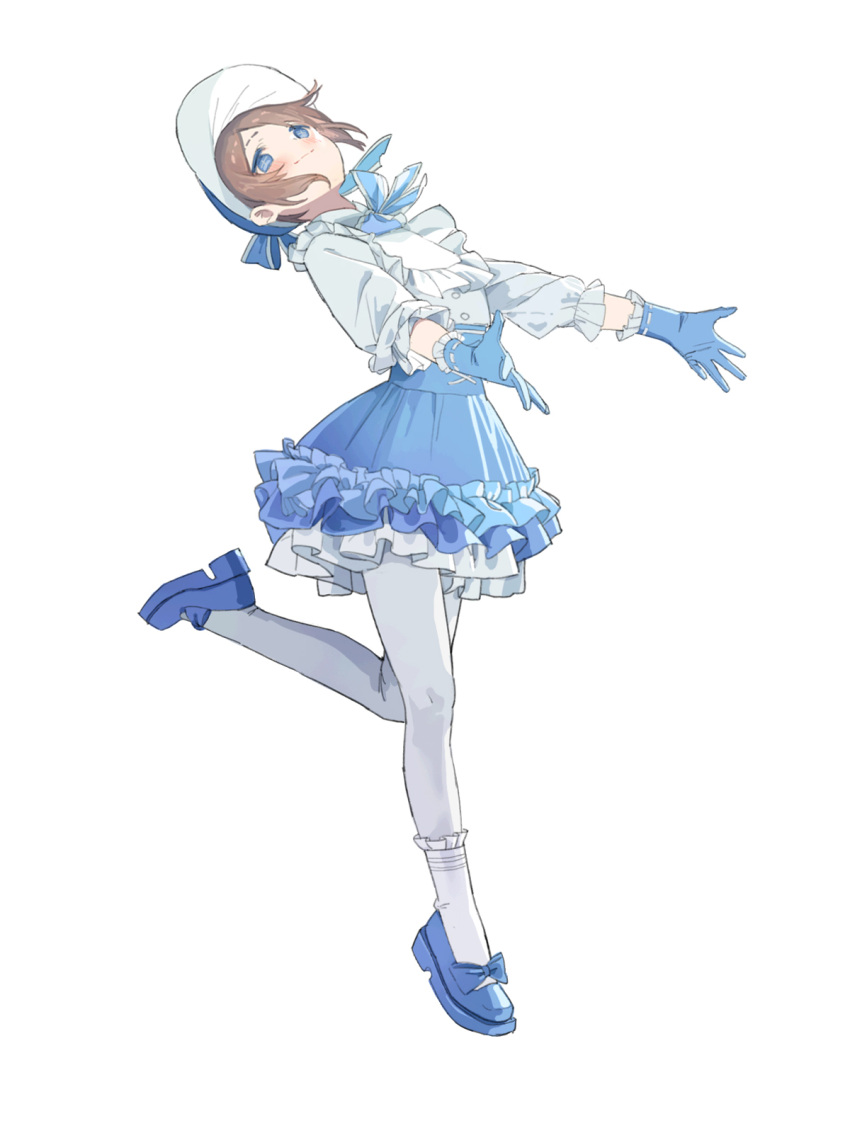 1girl, blue_bow, blue_bowtie, blue_eyes, blue_gloves, blue_shoes, blush, bonnet