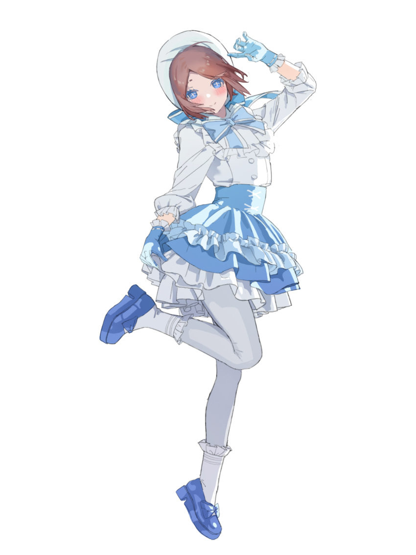 1girl, arm_up, blue_bow, blue_bowtie, blue_eyes, blue_gloves, blue_shoes, blush