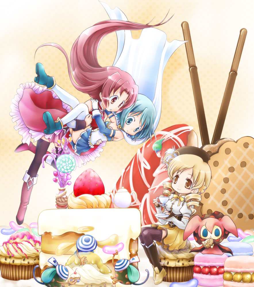 alternate_hairstyle, beret, blonde_hair, blue_eyes, blue_hair, boots, cake, candy, cape, carrying, charlotte_(madoka_magica), cheese, cup, drill_hair, eating, fingerless_gloves, food, fruit, gloves, hair_ornament, hat, kurohamu, lollipop, long_hair, magical_girl, mahou_shoujo_madoka_magica, miki_sayaka, multiple_girls, pocky, ponytail, princess_carry, puffy_sleeves, pyotr_(madoka_magica), red_eyes, red_hair, redhead, sakura_kyouko, short_hair, skirt, strawberry, tea, teacup, thigh-highs, thighhighs, tomoe_mami, witch's_labyrinth, yellow_eyes