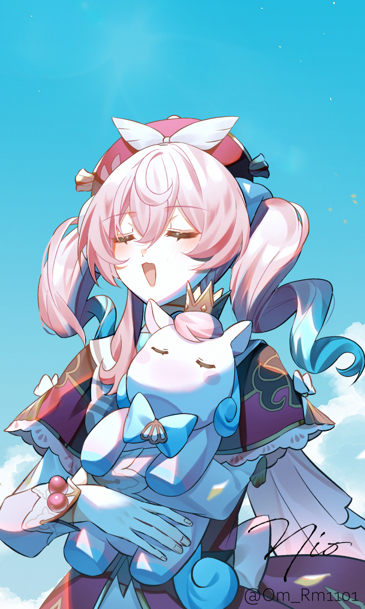 1girl, animal, aqua_hair, blue_sky, commentary_request, dress, hat, highres