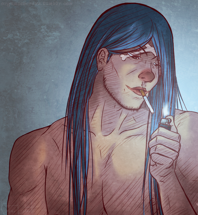 1boy, beard_stubble, black_eyes, blue_hair, buggy_the_clown, chronomorphosis, cigarette, collarbone