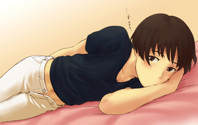 1girl, bob_cut, brown_eyes, brown_hair, clothed, face, female, gake_no_ue_no_ponyo, jas, lying, midriff, navel, on_side, risa_(ponyo), short_hair, solo, translated, unbuttoned
