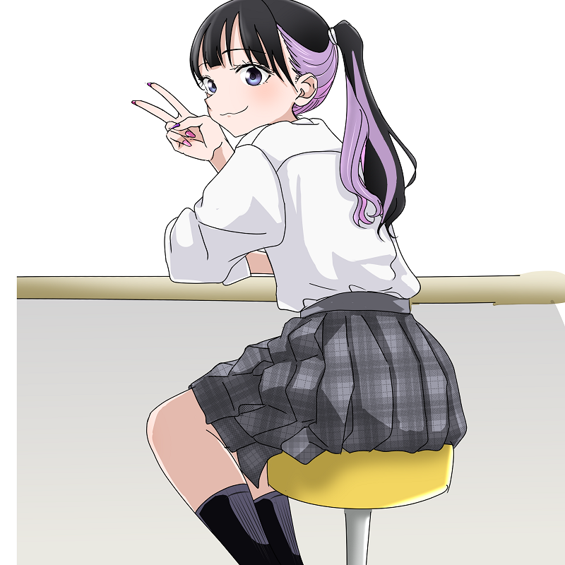 1girl, black_hair, black_socks, blue_eyes, grey_skirt, gyaru, indoors, kashiro_airi, multicolored_hair, pink_nails, plaid_clothes, plaid_skirt, ponytail, purple_hair, purple_nails, ruri_(ruri_), ruri_dragon, school_uniform, shirt, sitting, skirt, smile, socks, stool, two-tone_hair, v, white_shirt