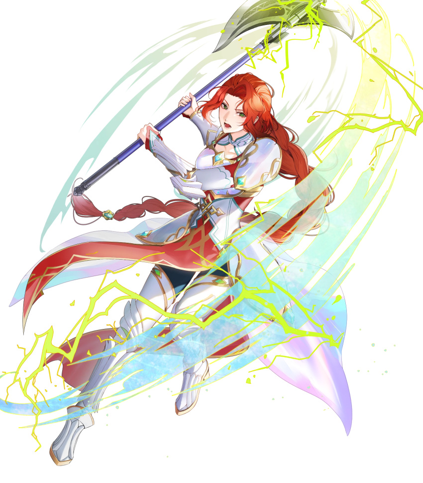 armor, attack, axe, braid, braided_ponytail, breastplate, fire_emblem, fire_emblem:_path_of_radiance, highres, holding, holding_axe, lightning, long_hair, non-web_source, official_alternate_costume, official_art, open_mouth, pelvic_curtain, red_eyes, shoulder_armor, solo, swinging_weapon, titania_(fire_emblem), titania_(resplendent)_(fire_emblem), v-shaped_eyebrows, very_long_hair, white_armor