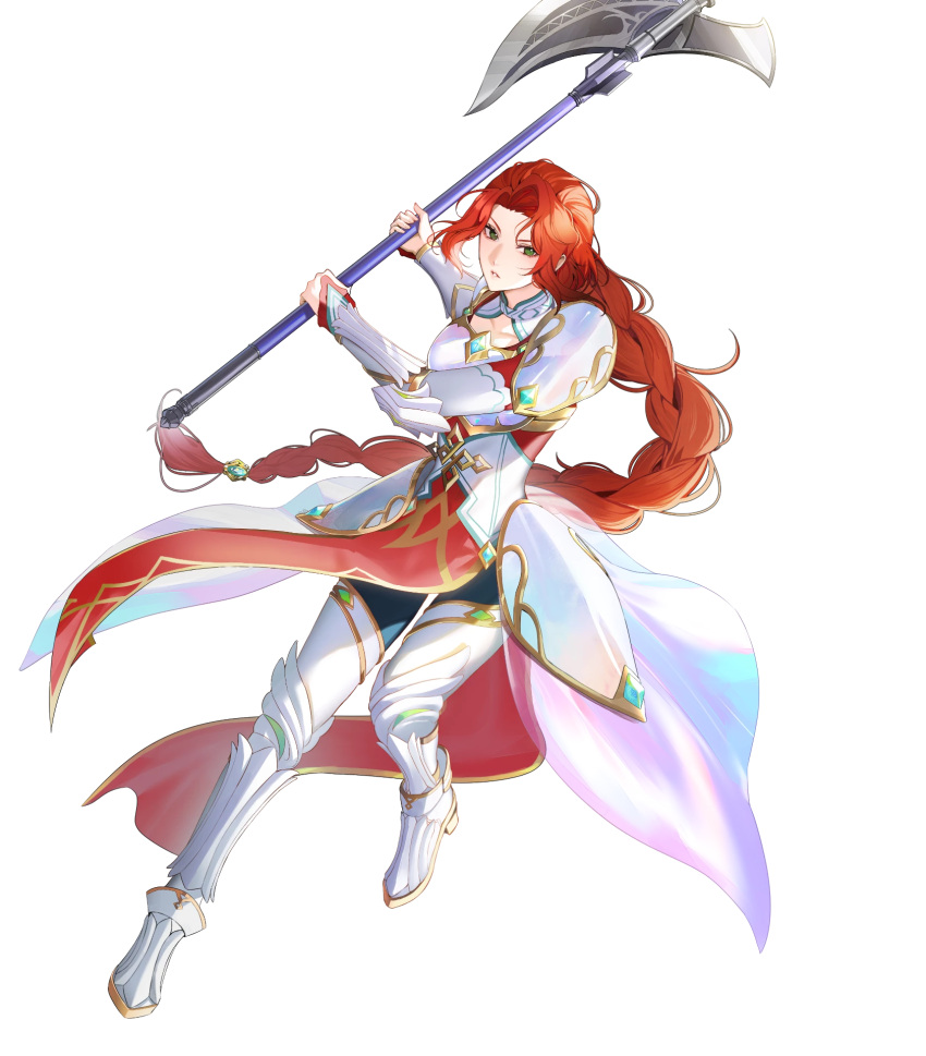 armor, attack, axe, braid, braided_ponytail, breastplate, fire_emblem, fire_emblem:_path_of_radiance, highres, holding, holding_axe, long_hair, non-web_source, official_alternate_costume, official_art, pelvic_curtain, red_eyes, shoulder_armor, solo, swinging_weapon, titania_(fire_emblem), titania_(resplendent)_(fire_emblem), v-shaped_eyebrows, very_long_hair, white_armor