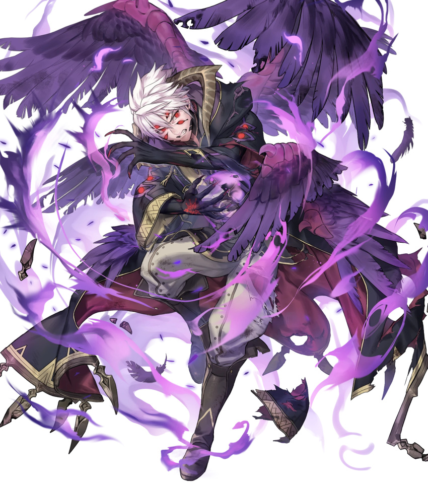 aura, black_coat, black_hair, black_wings, body_markings, claws, clenched_teeth, coat