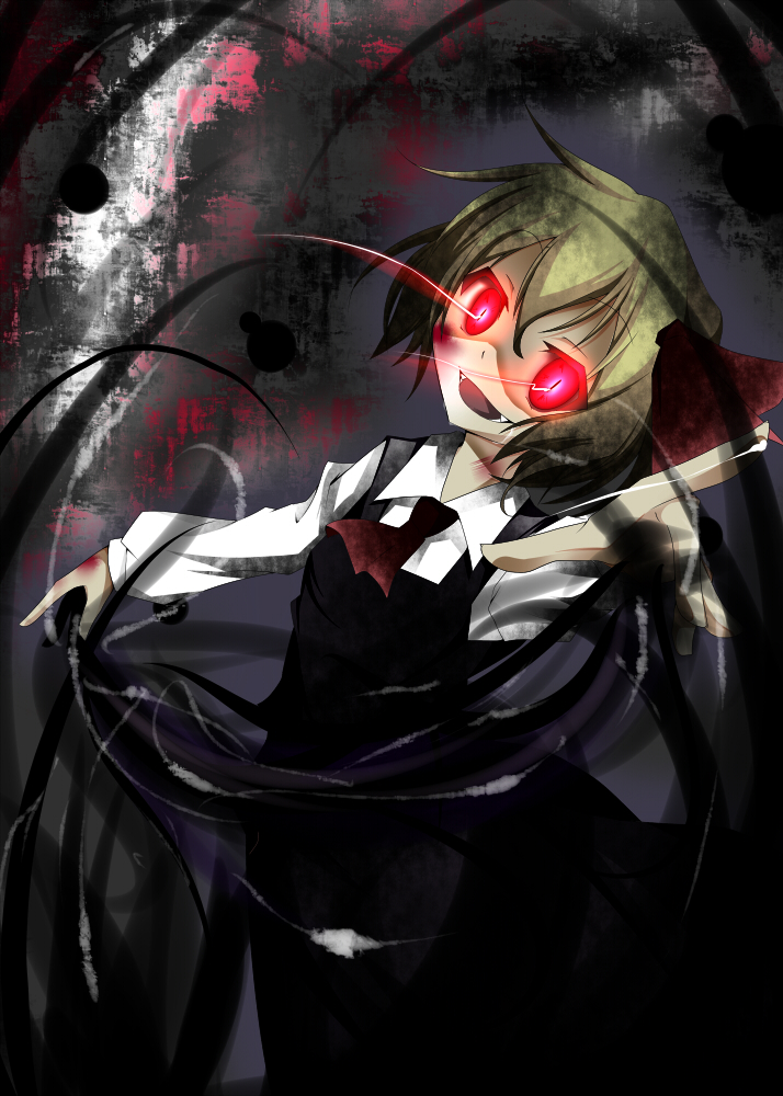 blonde_hair, darkness, fang, glowing, glowing_eyes, hakobako, red_eyes, ribbon, rumia, short_hair, smile, solo, the_embodiment_of_scarlet_devil, touhou, youkai
