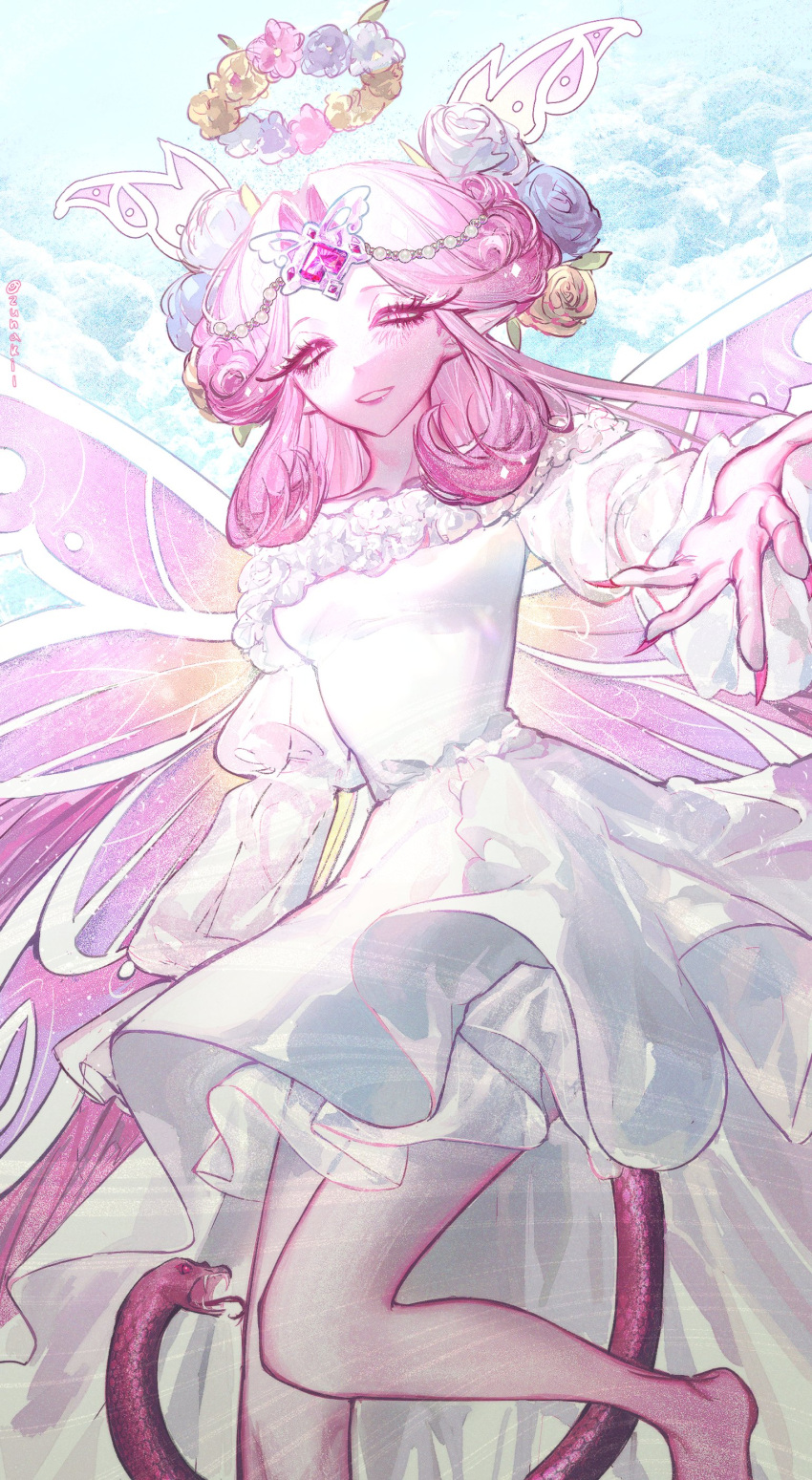 1girl, absurdres, brooch, bug, butterfly, colored_skin, commentary, cookie_run