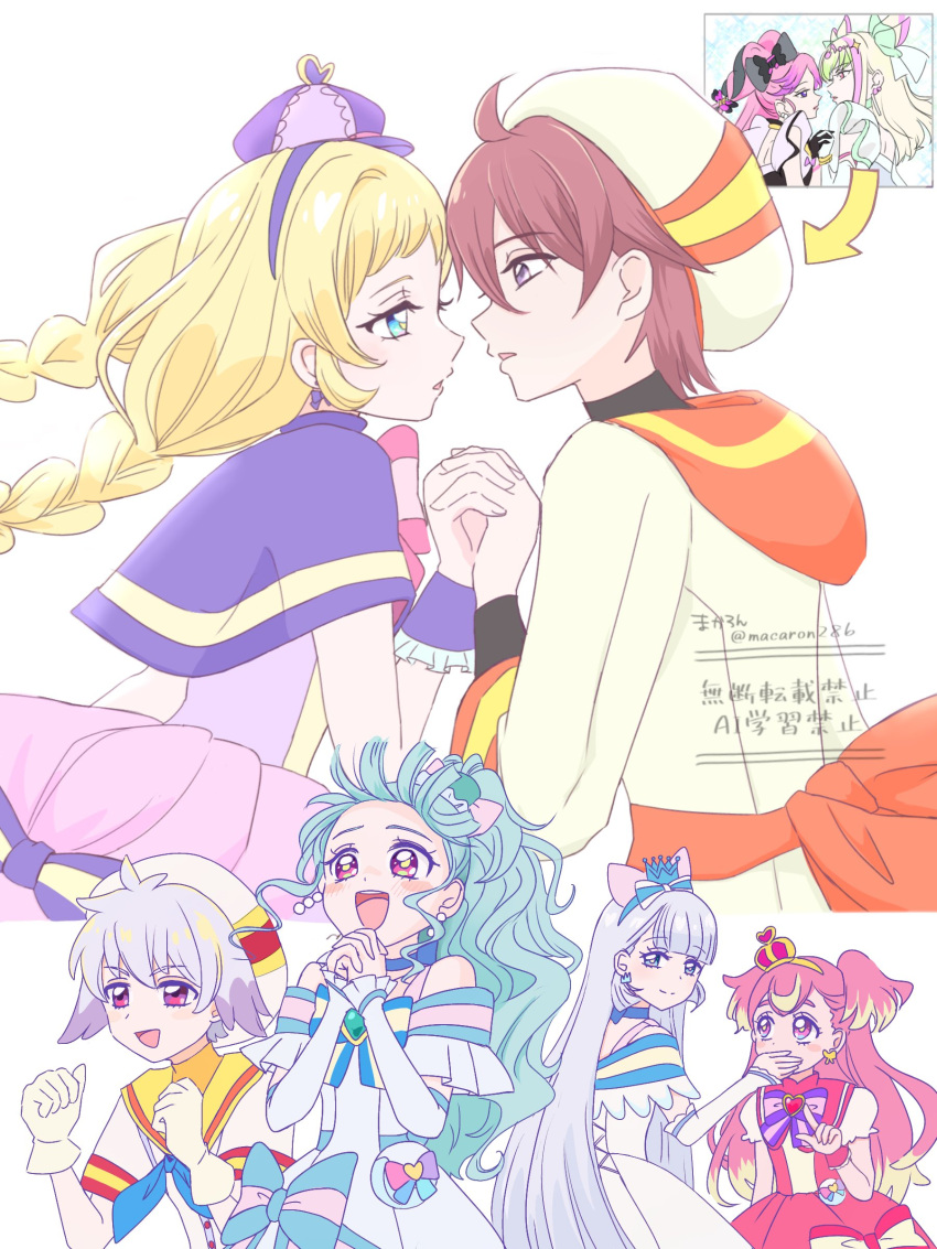 2boys, 4girls, absurdres, ahoge, animal_ears, asymmetrical_bang, bare_shoulders, belt_pouch, blonde_hair, blue_hair, blunt_bangs, blush, braid, cat_ears, cat_hair_ornament, cheering, collar, covering_another's_mouth, cure_friendy, cure_kiss, cure_lillian, cure_nyammy, cure_wonderful, cure_zukyuun, dress, earrings, facing_back, facing_to_the_side, frilled_dress, frilled_skirt, frilled_sleeves, frills, gloves, grey_hair, hair_ornament, hand_in_another's_mouth, hat, headband, highres, holding_hands, hood, hoodie, imminent_kiss, in-franchise_crossover, inukai_iroha, inukai_komugi, jewelry, kimi_to_idol_precure, long_hair, long_sleeves, looking_at_another, looking_to_the_side, macaron_nhm, mini_hat, multiple_boys, multiple_girls, nekoyashiki_mayu, nekoyashiki_yuki, parted_bangs, pink_hair, pouch, precure, red_hair, sailor_collar, sailor_shirt, shirt, side_ponytail, sideways, skirt, toyama_daifuku, toyama_satoru, twin_braids, twintails, twitter_username, very_long_hair, watermark, wonderful_precure!, yellow_hoodie