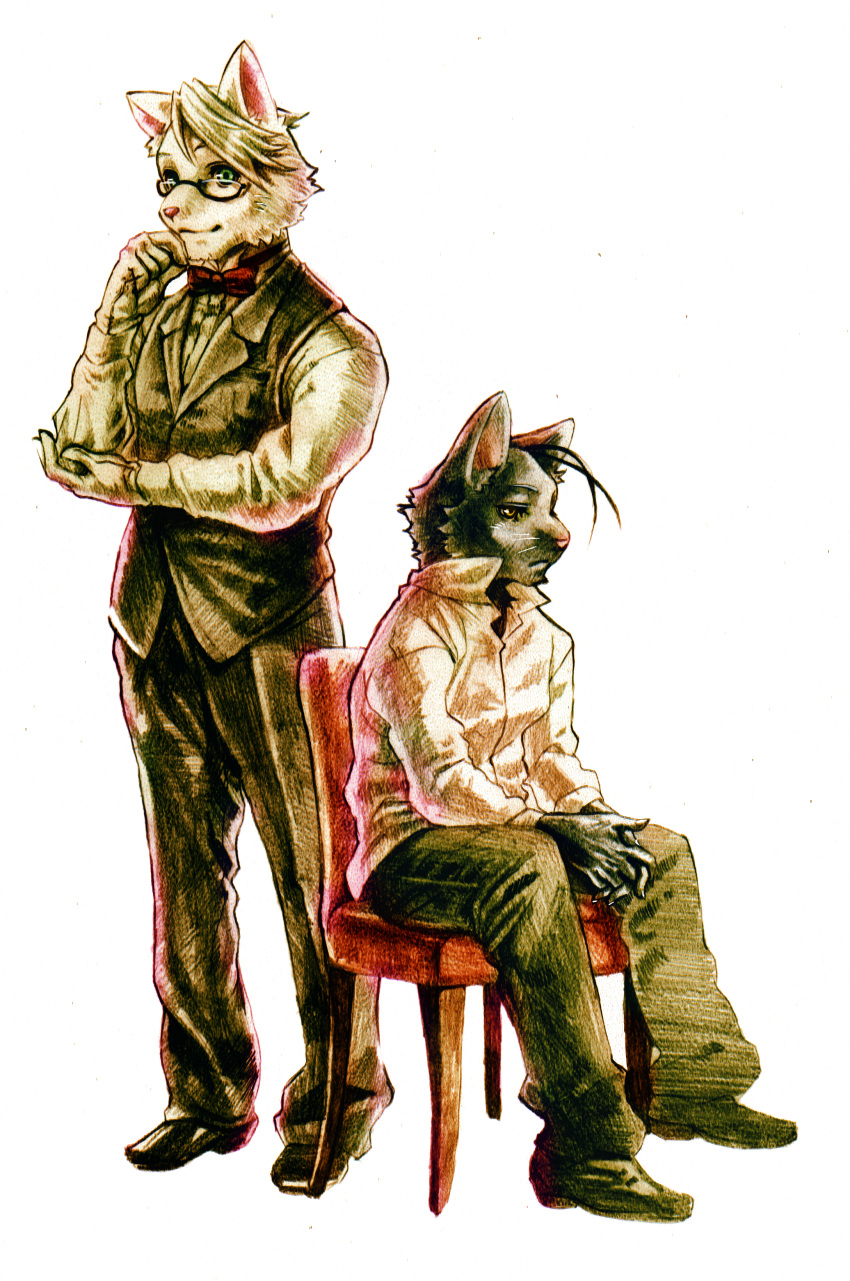 1boy, 2boys, absurdres, animal_ears, black_pants, black_vest, bow, bowtie, butler, cat_boy, cat_ears, closed_mouth, commentary_request, furry, furry_male, gavadon_(artist), glasses, gloves, highres, looking_at_viewer, looking_to_the_side, male_focus, morenatsu, multiple_boys, on_chair, pants, red_bow, red_bowtie, shin_kuroi, shirt, sitting, tsukishiro_amaki, vest, whiskers, white_background, white_gloves, white_shirt