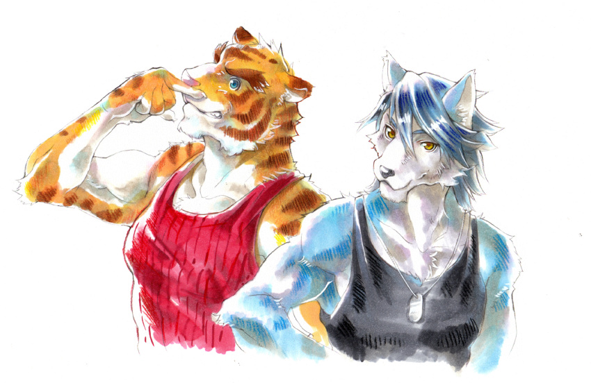 2boys, animal_ears, black_shirt, black_tank_top, blue_eyes, claws, closed_mouth, commentary_request