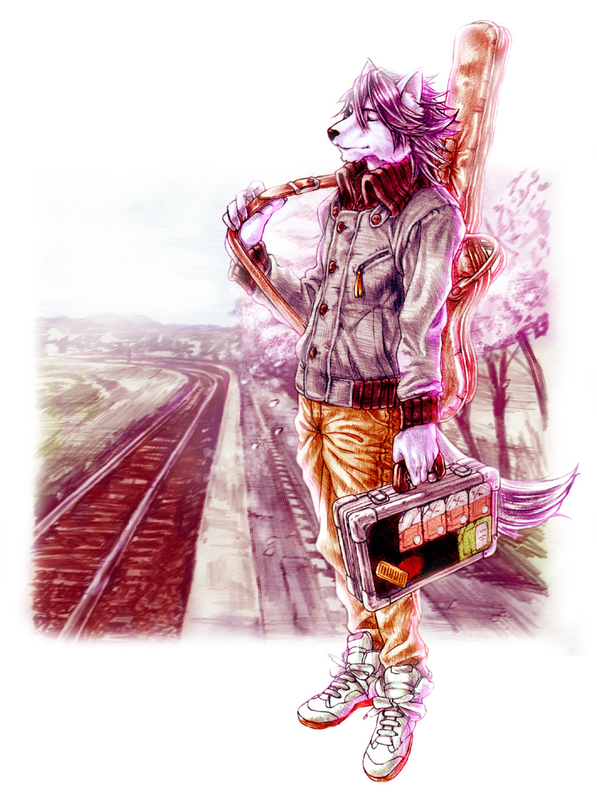 1boy, animal_ears, bag, briefcase, brown_pants, closed_eyes, closed_mouth, commentary_request