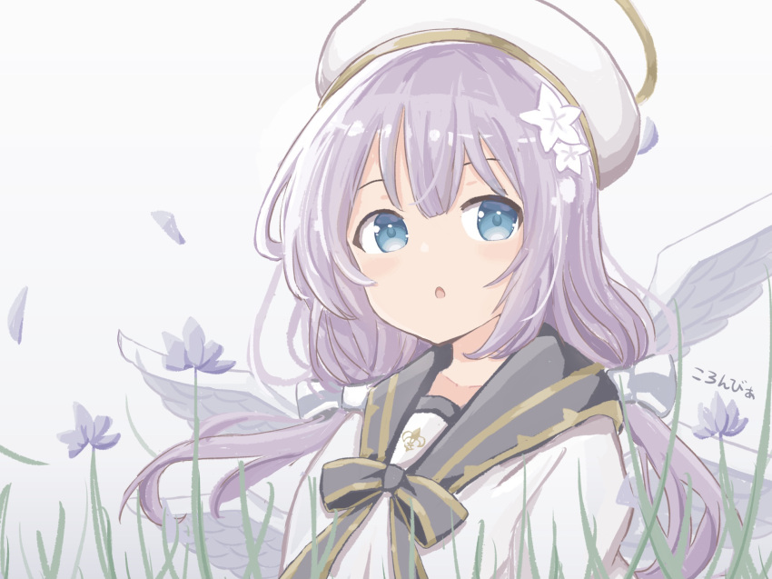 :o, angel, angel_wings, blue_eyes, blush, bow, colon_br, dress
