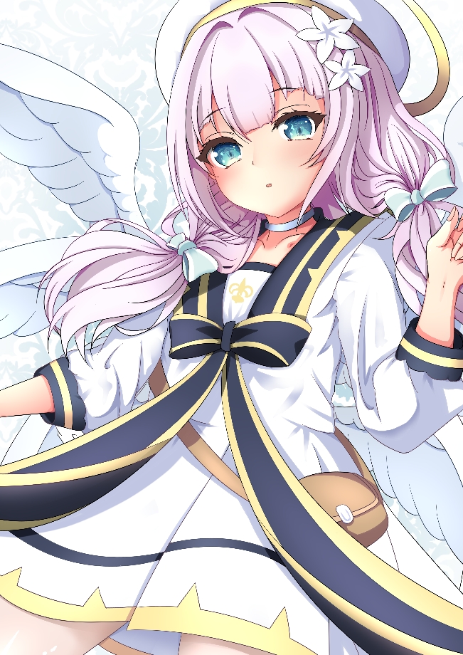 :o, angel, angel_wings, benetnasch, blue_eyes, blush, bow, cowboy_shot, dress, feathered_wings, flower, hair_between_eyes, hair_flower, hair_ornament, halo, long_hair, long_sleeves, low_twintails, maimai_(game), pleated_dress, sailor_collar, sailor_dress, solo, twintails, white_dress, white_sailor_collar, white_wings, wings, yurisaki_mika_(maimai), zettai_ryouiki