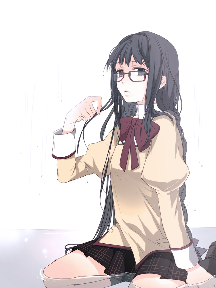 akemi_homura, alternate_hairstyle, bad_id, black_hair, glasses, long_hair, mahou_shoujo_madoka_magica, red-framed_glasses, school_uniform, sitting, solo, spoilers, spoliers, tuuuh, wariza, water