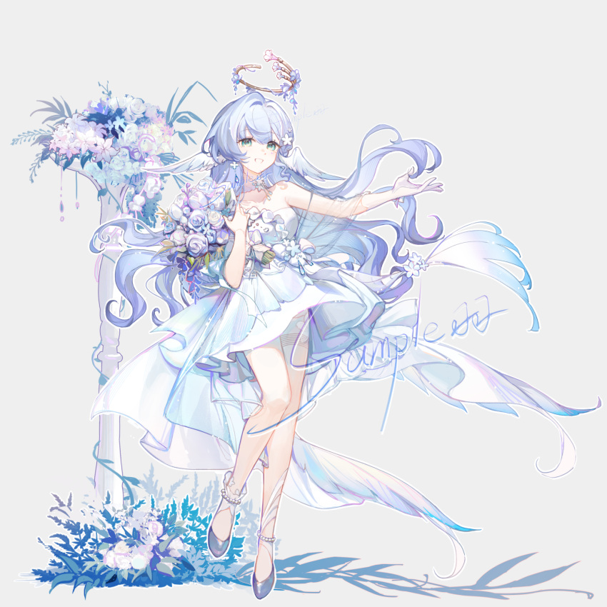 1girl, aqua_eyes, bare_shoulders, blue_hair, bouquet, dress, flower, full_body, gloves, green_eyes, hair_flower, hair_ornament, halo, halo_behind_head, head_wings, highres, holding, holding_bouquet, honkai:_star_rail, honkai_(series), long_hair, looking_at_viewer, muyuxiya, robin_(honkai:_star_rail), simple_background, smile, solo, very_long_hair, white_dress, white_flower, white_gloves, white_wings, wings