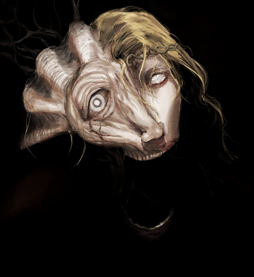1boy, absurdres, black_background, blonde_hair, circlet, commentary, corruption, elden_ring