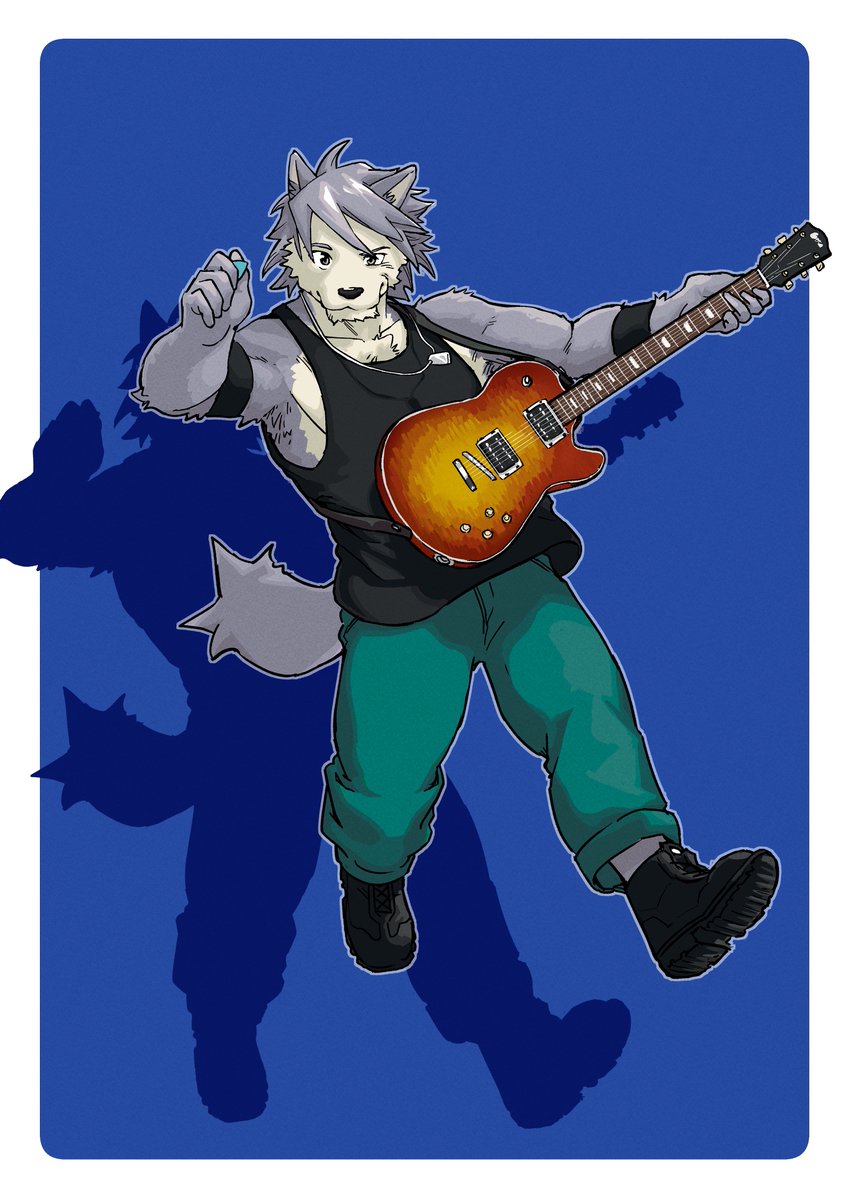 1boy, animal_ears, armband, black_boots, black_shirt, black_tank_top, blue_background, blue_pants