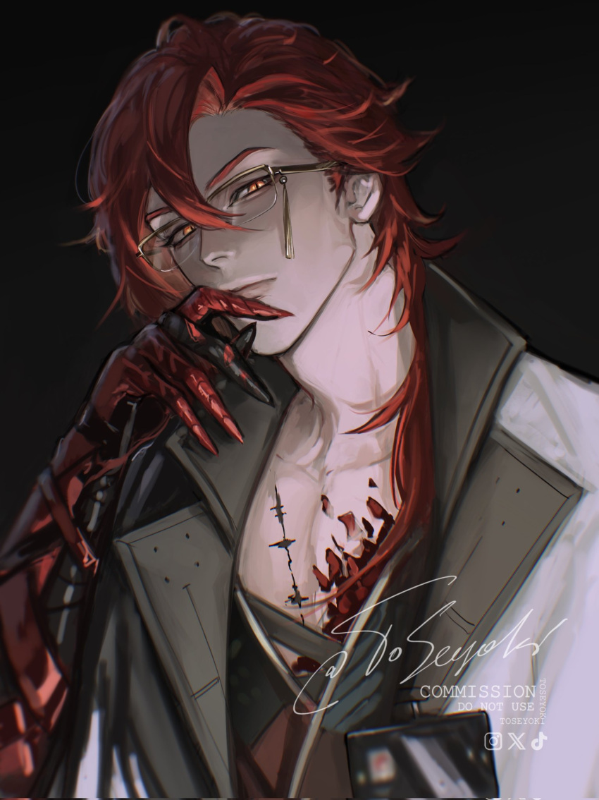 1boy, black_background, chest_tattoo, closed_mouth, collarbone, glasses, hair_between_eyes, hand_on_own_face, highres, jacket, long_hair, looking_at_viewer, male_focus, mortefi_(wuthering_waves), open_clothes, open_jacket, parted_bangs, red_hair, simple_background, slit_pupils, solo, tattoo, toseyoki, white_jacket, wuthering_waves, yellow_eyes