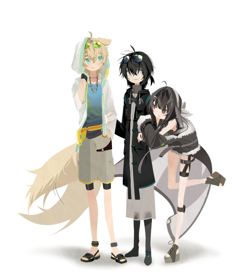 1girl, 2boys, ahoge, animal_ears, anklet, arknights, belt, black_hair, black_jacket, black_pants, black_sandals, black_shoes, blonde_hair, blue_eyes, blue_vest, blush, bracelet, chest_harness, commission, doctor_(arknights), dog_boy, dog_ears, dog_tags, dog_tail, dress, english_commentary, eyewear_on_head, fanny_pack, feather_hair, full_body, fur-trimmed_jacket, fur_trim, green-tinted_eyewear, grey_shorts, hair_between_eyes, hand_up, harness, headband, highres, holding_another's_arm, hood, hood_up, hooded_jacket, infection_monitor_(arknights), jacket, jewelry, la_pluma_(arknights), male_doctor_(arknights), messy_hair, multiple_boys, multiple_necklaces, necklace, open_clothes, open_jacket, orange_rope, pants, ponytail, rope, sandals, shirt, shoes, shorts, sidelocks, smile, standing, sunglasses, tail, tail_wagging, tequila_(arknights), thdtjddus2810, thick_eyebrows, thigh_strap, tied_hoodie_strings, tinted_eyewear, turtleneck, turtleneck_dress, vest, white_background, white_headband, white_shirt, yellow_belt