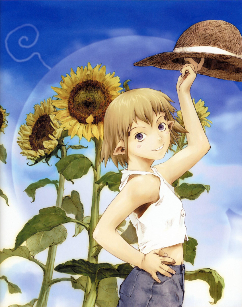 1girl, abe_yoshitoshi, blonde_hair, blue_eyes, blush_stickers, hand_on_hip, hat, jpeg_artifacts