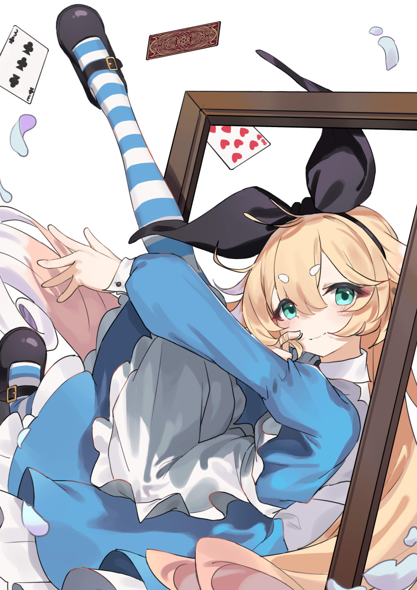 1girl, absurdres, alice's_adventures_in_wonderland, alice_(alice_in_wonderland), apron, ayaha_4780828, black_hairband, blonde_hair, blue_dress, blue_pantyhose, blush, bow_hairband, closed_mouth, commentary_request, dress, eight_of_hearts, frilled_apron, frilled_dress, frills, full_body, green_eyes, hair_between_eyes, hairband, highres, leg_up, long_hair, long_sleeves, looking_at_viewer, lying, on_back, outstretched_leg, pantyhose, simple_background, smile, solo, striped_clothes, striped_pantyhose, three_of_clubs, white_apron, white_background, white_pantyhose