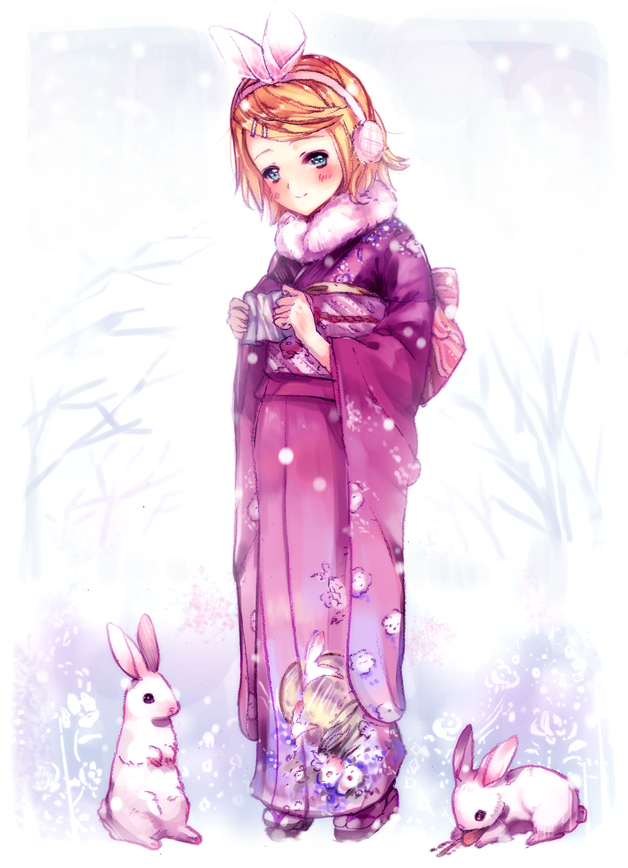 2011, aqua_eyes, bad_id, blonde_hair, blush, bunny, earmuffs, hagi_(artist)