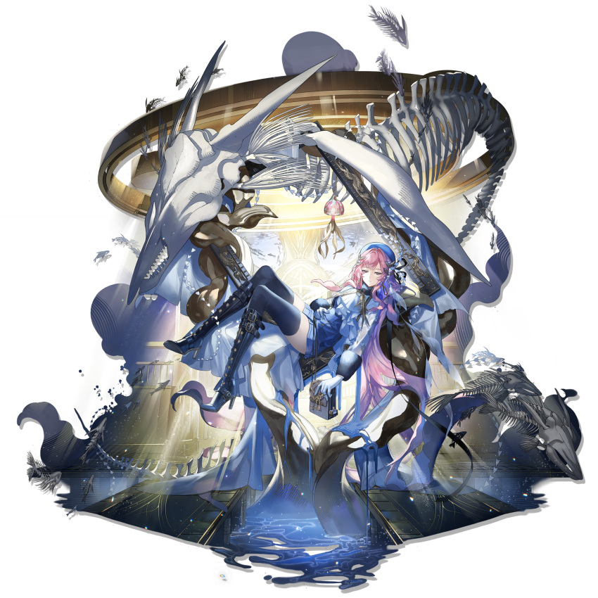 1girl, absurdres, arknights, ascot, belt_boots, blue_boots, blue_hat, blue_shirt, blue_shorts, book, boots, bored, fish, fish_skeleton, flying_fish, giant_skeleton, gloves, hand_on_own_stomach, hat, high_heel_boots, high_heels, highres, holding, holding_book, ink, jellyfish_girl, lamp, long_hair, looking_down, lucilla_(arknights), lucilla_(tidal_bore)_(arknights), official_alternate_costume, official_art, on_tree, picture_frame, pink_hair, see-through_clothes, see-through_sleeves, shirt, shokuen_(oxstl), shorts, simple_background, sitting, solo, studded_footwear, thigh_boots, third-party_source, transparent_background, very_long_hair, violet_eyes, white_ascot, white_gloves, zettai_ryouiki