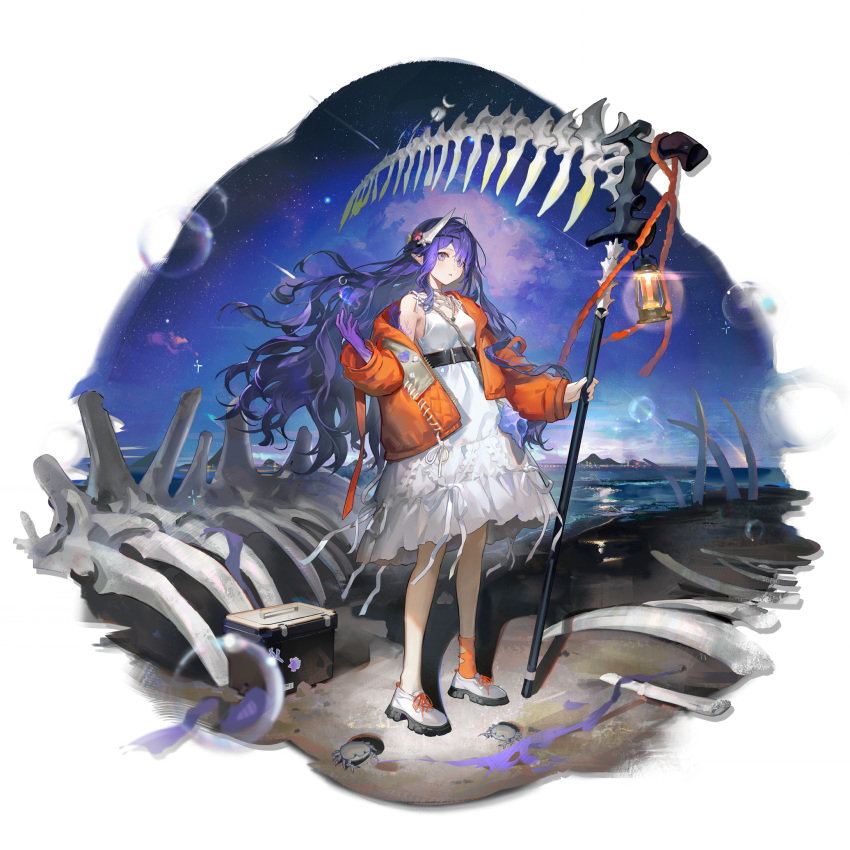 1girl, arknights, beach, blue_eyes, blue_hair, blue_skin, bone, bone_hair_ornament