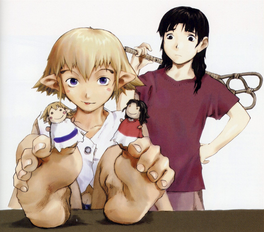 2girls, :p, abe_yoshitoshi, barefoot, bleed_through, blonde_hair, blue_eyes, blush_stickers