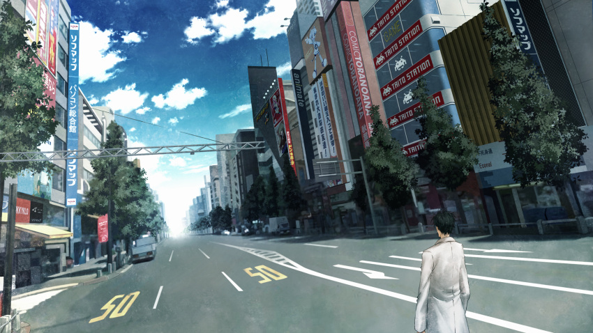 1boy, ad, akihabara_(tokyo), black_hair, blue_sky, building, car, city