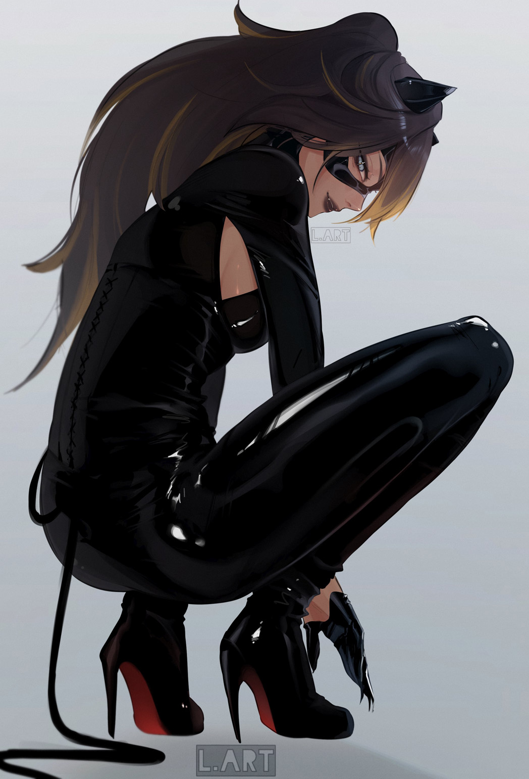 1girl, animal_ears, batman_(series), black_boots, black_gloves, black_lips, black_mask, black_tail