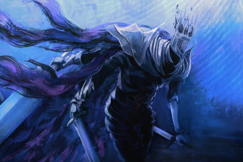1other, absurdres, armor, blue_theme, cape, elden_ring, elden_ring_nightreign, extra_arms, full_armor, gauntlets, helmet, heolstor_the_nightlord, highres, holding, holding_sword, holding_weapon, kolario, purple_cape, shoulder_armor, sword, triple_wielding, upper_body, weapon