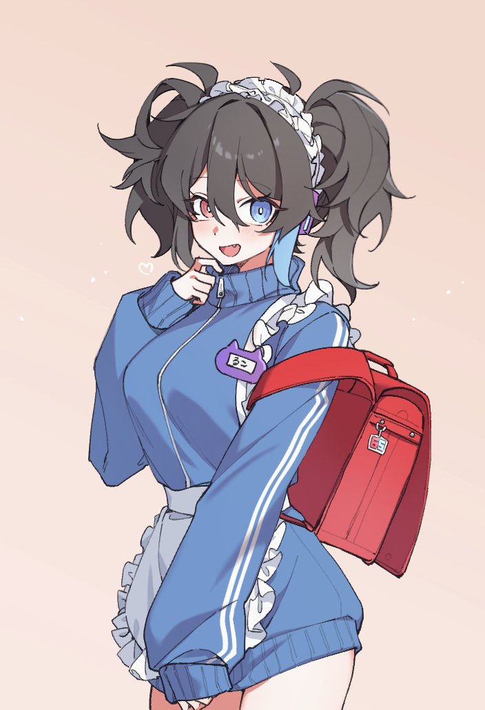 1girl, alternate_costume, apron, backpack, bag, birthday, black_hair, blue_eyes